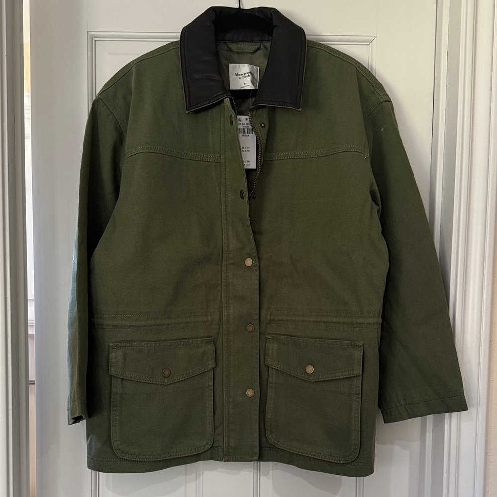 Abercrombie & Fitch Olive Green Canvas Jacket with Black Collar